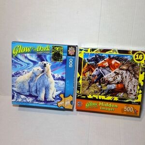 2 New Glow In The Dark Hidden Images 500 Peice Puzzles Horses & Polar Bear Light